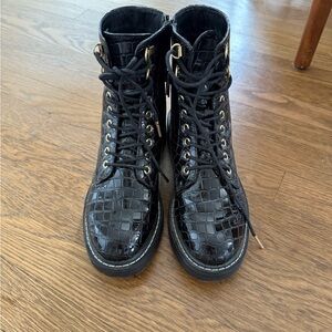 Topshop Black Croc-Embossed Lace-Up Boots